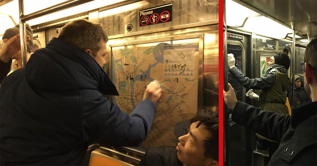 Gregory Locke Documents Subway Straphangers Remove Swastika Grafitti